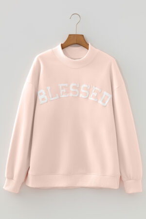 Light Pink Oversize Blessed Embroidered Mock Neck Sweatshirt - Image 14