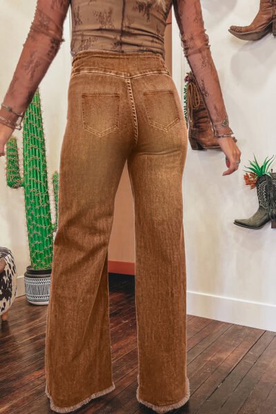 Alternative view of Coffee High Waist Button Fly Seamed Raw Hem Flare Jeans