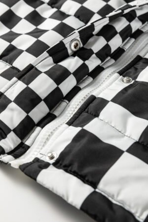 Black Double Checked Stand Collar Cropped Puffer Vest - Image 11