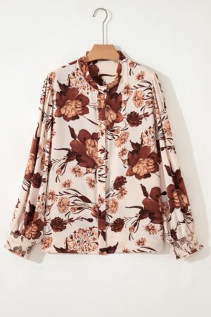 Brown Floral Print Button Down Poet Sleeve Shirt - Image 5