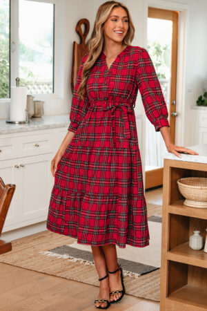 Red Christmas Plaid V Neck 3/4 Sleeve Tie Waist Ruffle Hem Long Dress - Image 12