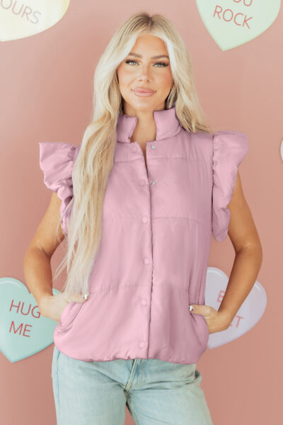 Alternative view of Pink Stand Neck Flutter Sleeve Snap Button Puffer Vest