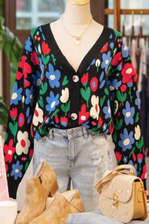 Black Floral Print V Neck Buttoned Short Cardigan Sweater - Image 13