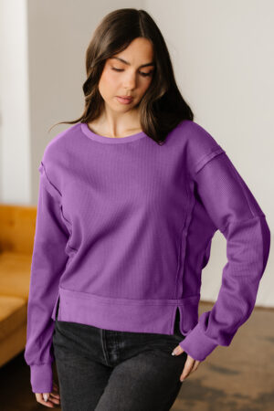 Orchid Mist Solid Color Raw Seam Patchwork Ribbed Drop Shoulder Sweatshirt - Image 15