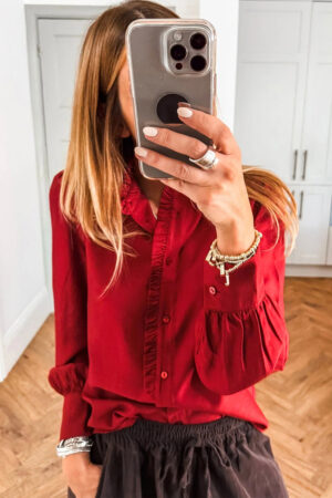 Fiery Red Frilled Trim Button Up Pleated Long Sleeve Shirt - Image 8