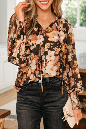 Black Floral V Neck Long Puff Sleeve Breezy Blouse - Image 9