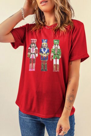 Red Sequined Christmas Nutcracker-man Graphic Cuffed Short Sleeve T Shirt - Image 4