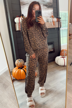 Brown Varsity Striped Trim Leopard Long Sleeve Top Drawstring Pant Set - Image 3