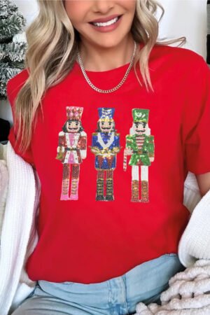 Red Sequined Christmas Nutcracker-man Graphic Cuffed Short Sleeve T Shirt - Image 3