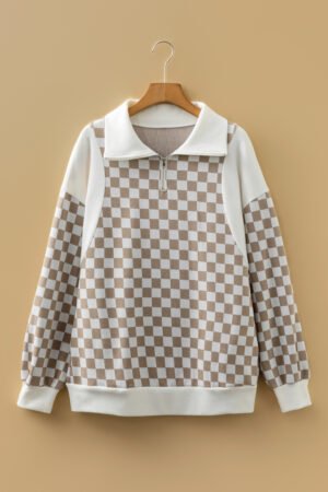 Khaki Checkered Print Quarter Zip Ribbed Patchwork Loose Sweatshirt