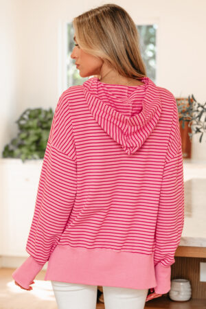 Rose Stripe Thumbhole Side Slits Drop Shoulder Loose Fit Hoodie - Image 13