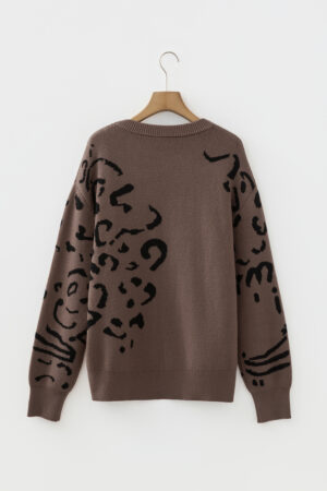 Camel Asymmetric Leopard Print Detail Drop Shoulder Sweater - Image 5