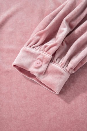 Fushia Solid Color Velvet Ribbon Bow Knot Long Sleeve Blouse - Image 8
