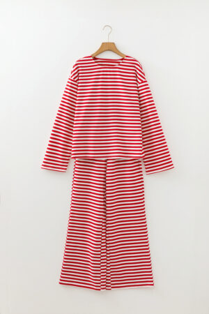Red Stripe Drop Shoulder Long Sleeve Top Lounge Pants 2pcs Set - Image 3