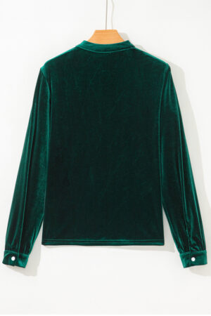 Evergreen Asymmetric Button Keyhole Neck Long Sleeve Velvet Blouse - Image 6