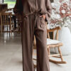 Dark Brown Braided V Neck Long Sleeve Loose Top and Drawstring High Waist Pants 2pcs Outfit