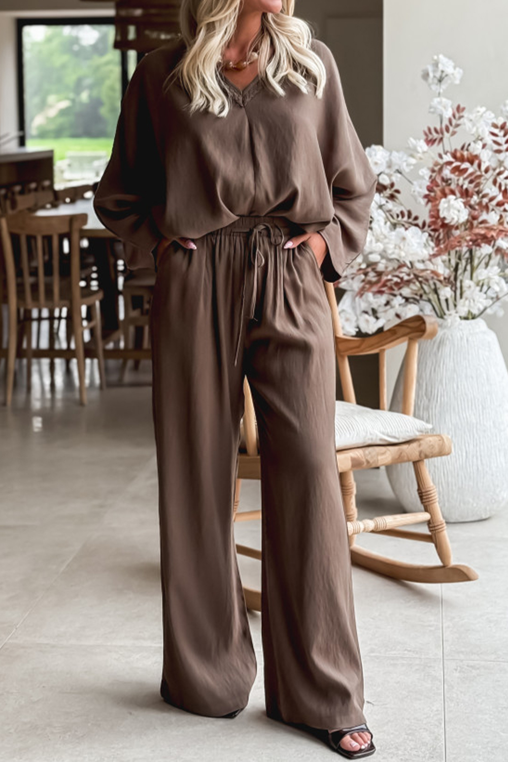 Dark Brown Braided V Neck Long Sleeve Loose Top and Drawstring High Waist Pants 2pcs Outfit Dark Brown Braided V Neck Long Sleeve Loose Top and Drawstring High Waist Pants 2pcs Outfit
