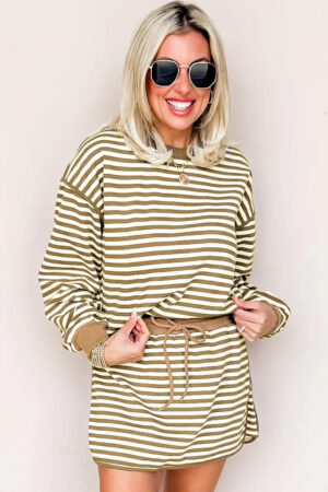 Brown Stripe Textured Drop Shoulder Pullover Top Drawstring Mini Skirt Two Piece Dress Set - Image 8