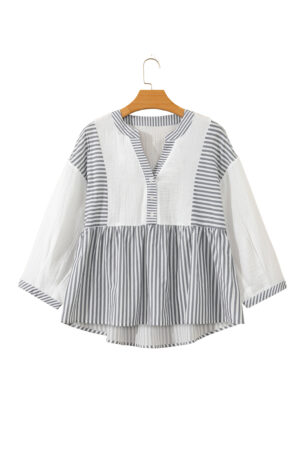 Gray Stripe Half Button Gauze Patchwork Bracelet Sleeve Babydoll Blouse - Image 13
