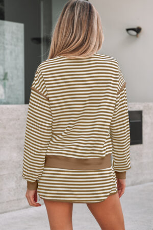 Brown Stripe Textured Drop Shoulder Pullover Top Drawstring Mini Skirt Two Piece Dress Set - Image 20