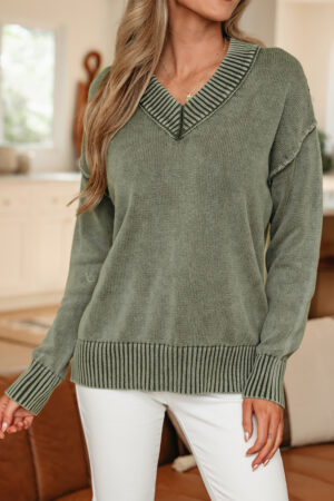 Four Leaf Clover Mineral Wash V Neck Knit Exposed Seam Drop Shoulder Loose Sweater - Image 18