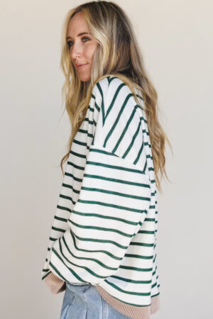 White Stripe Twisted Ribbed Patchwork Drop Shoulder Round Neck Sweatshirt - Image 3