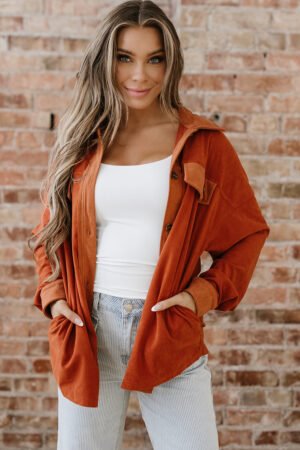Gold Flame Velvet Flap Pockets Drop Shoulder Casual Shacket - Image 9