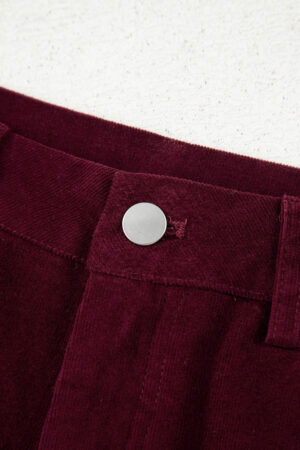 Burgundy Corduroy Solid Color High Waist Wide Leg Pants - Image 15