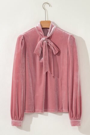 Fushia Solid Color Velvet Ribbon Bow Knot Long Sleeve Blouse - Image 5