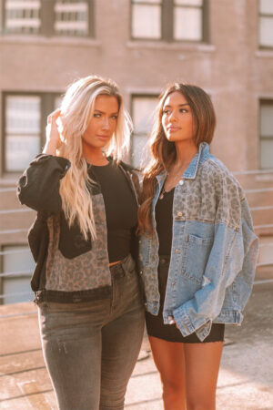 Beau blue color leopard print patchwork distressed denim casual jacket - Image 9
