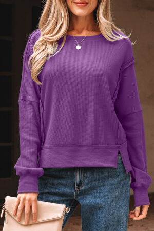 Orchid Mist Solid Color Raw Seam Patchwork Ribbed Drop Shoulder Sweatshirt - Image 11