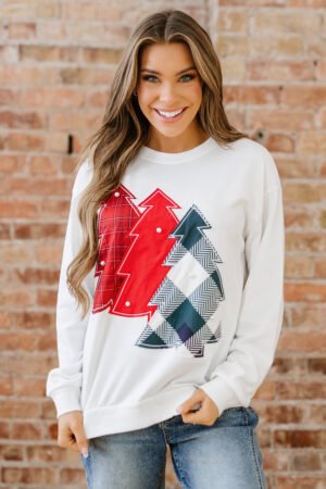 White Pearl Plaid Christmas Tree Patched Drop Shoulder Sweatshirt - Image 3