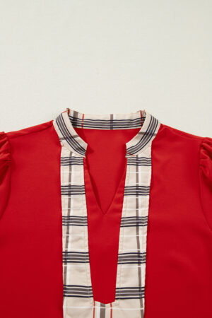 Racing Red Contrast Plaid Patchwork V Neck Long Sleeve Blouse - Image 4
