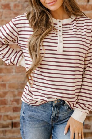 Red Dahlia Striped Print Drop Shoulder Long Sleeve Henley Top - Image 15
