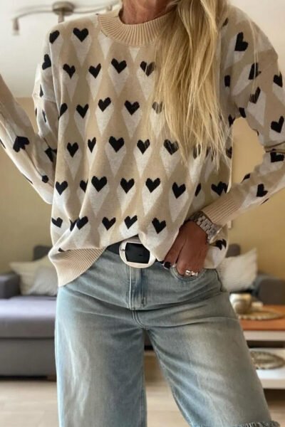 Parchment Geometric Heart Print Ribbed Trim Loose Sweater
