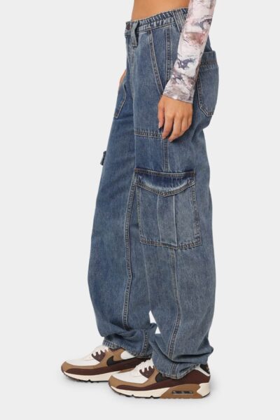 Alternative view of Blue Denim Utility Pants with Partial Elastic Waist