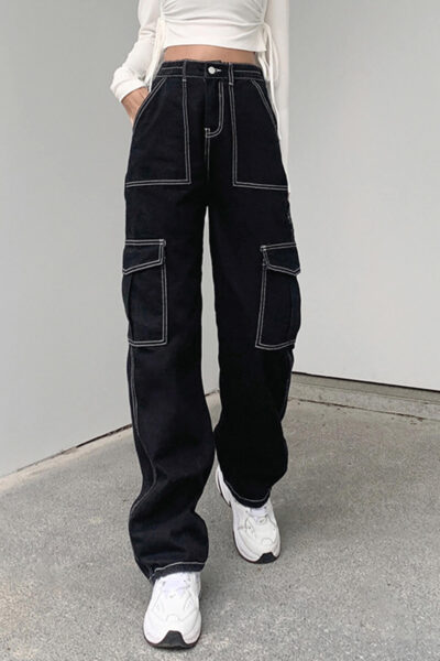 Black Denim Cargo Pants with White Stitching and Semi-Elastic Waist