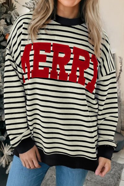 Alternative view of White Stripe Contrast MERRY Letter Christmas Print Drop Shoulder Sweatshirt