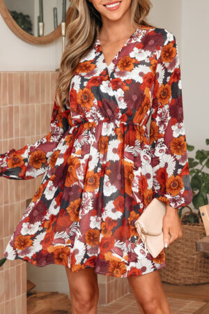 Red Floral Print Wrap V Neck Puff Sleeve Flowy Mini Dress - Image 16