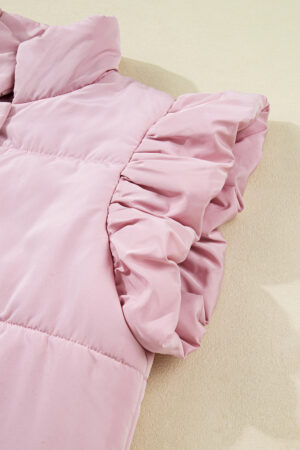 Pink Stand Neck Flutter Sleeve Snap Button Puffer Vest - Image 10
