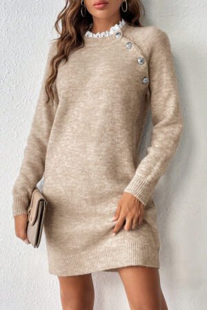 Parchment Button Lace Detail Raglan Sleeve Shift Mini Sweater Dress - Image 5