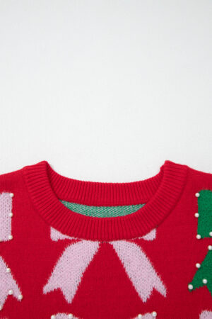 Fiery Red Bow Pearl Embellished Christmas Holiday Sweater - Image 7