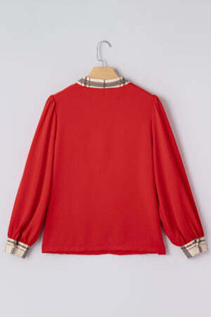 Racing Red Contrast Plaid Patchwork V Neck Long Sleeve Blouse - Image 3