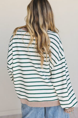 White Stripe Twisted Ribbed Patchwork Drop Shoulder Round Neck Sweatshirt - Image 2