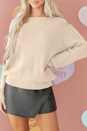 Jet Stream Ribbed Knit Ribbon Knot Backless Drop Shoulder Sweater - Image 17