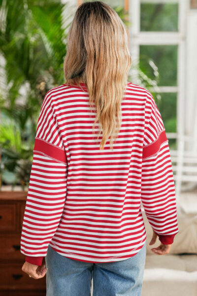 Alternative view of Red Stripe Exposed Seam V Neck Balloon Sleeve Pullover