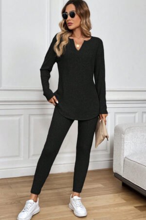 Black Ribbed Notched Neck Knit Long Sleeve Leggings Two Pieces Lounge Set - Image 2