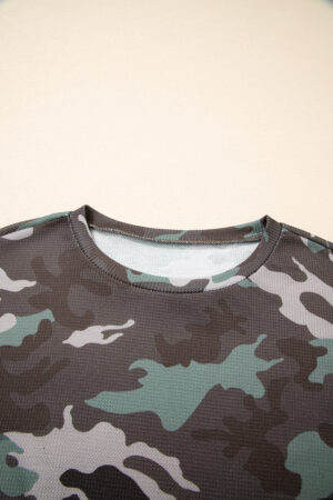 Green Camouflage Print Textured Drop Shoulder Long Sleeve Top - Image 6