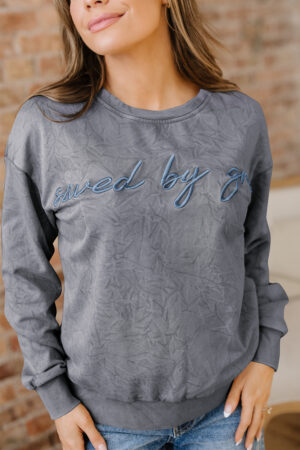 High-rise saved by grace Letter Embroidery Mineral Wash Loose Sweatshirt - Image 10