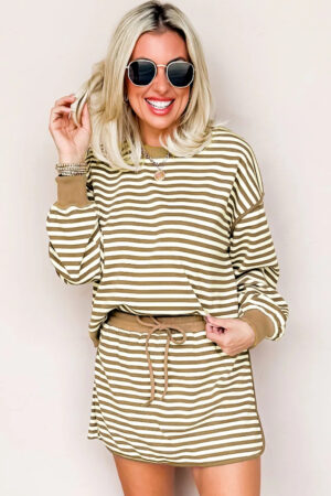 Brown Stripe Textured Drop Shoulder Pullover Top Drawstring Mini Skirt Two Piece Dress Set - Image 7